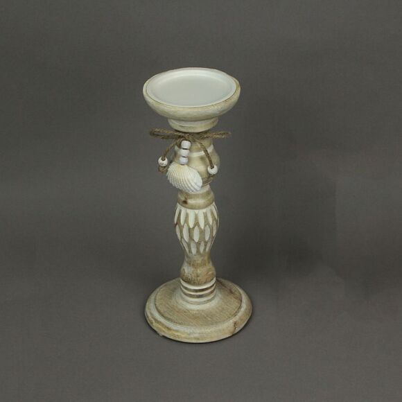11 Inch Wood Pedestal Candle Holder Rustic White Washed Pillar With Sea Shells - Picture 2 of 4